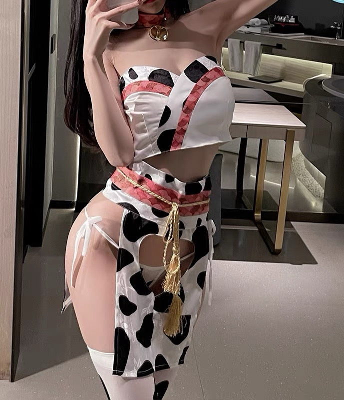 Corsage Coquin : Ensemble Léopard Blanc et Noir, Motif Vache, Six Pièces avec Découpe en Forme de Cœur